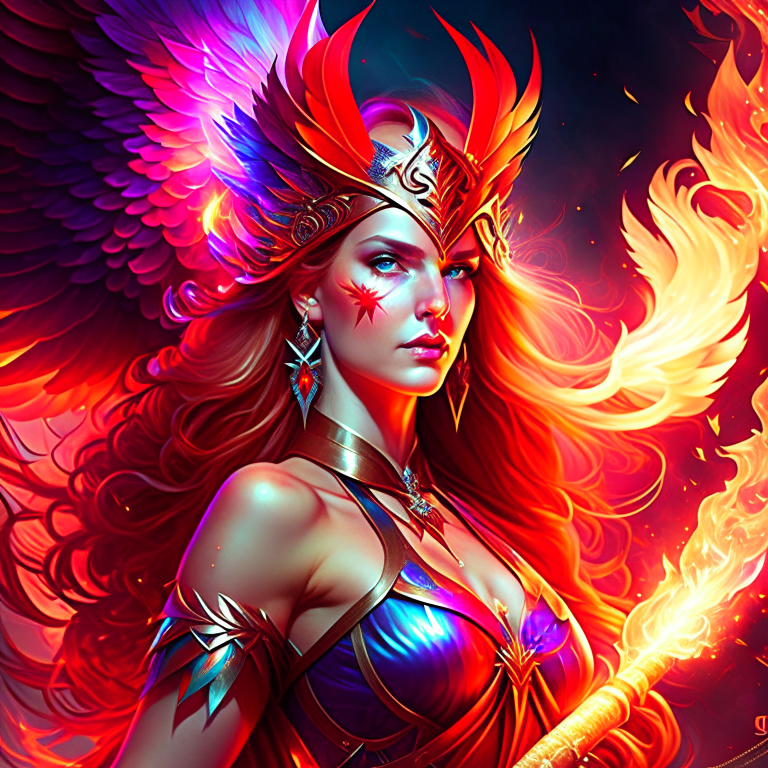 phoenix sorceress with fiery wings and a blazing staff, embodying the power of rebirth. 