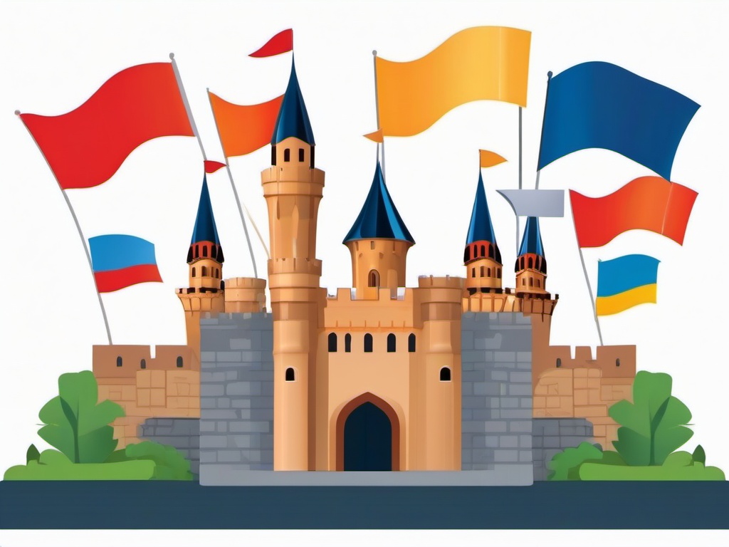 Castle with flags flying from towers clipart.  vector style illustration, white background