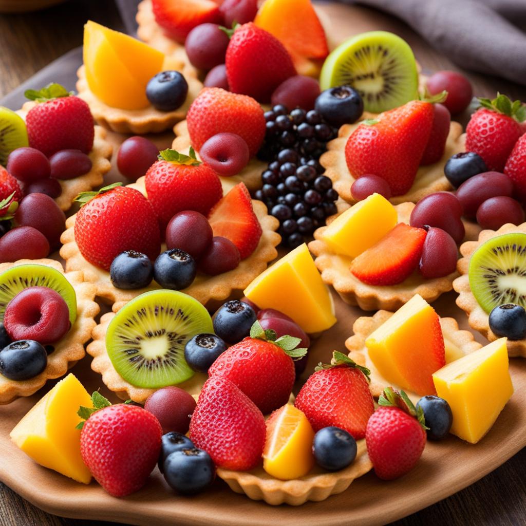 a platter of mini fruit tarts, each with a buttery crust and a vibrant assortment of fresh fruits. 