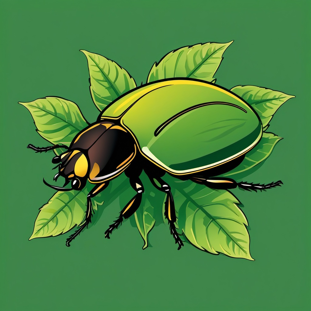 Beetle's Tranquil Rest on a Leaf Clip Art - Beetle enjoying a tranquil rest on a green leaf,  color vector clipart, minimal style