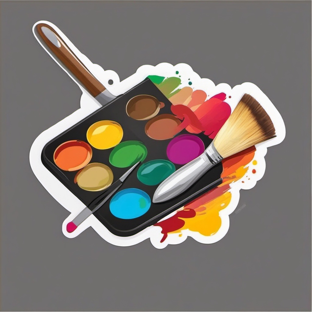 Palette and Brush Sticker - Artist's palette with a paintbrush, ,vector color sticker art,minimal