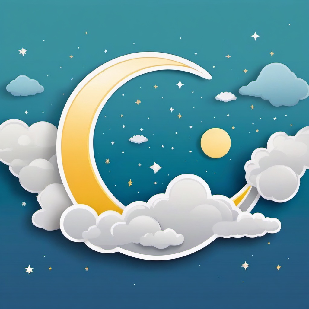 Moon and Clouds Sticker - Crescent moon surrounded by fluffy clouds, ,vector color sticker art,minimal