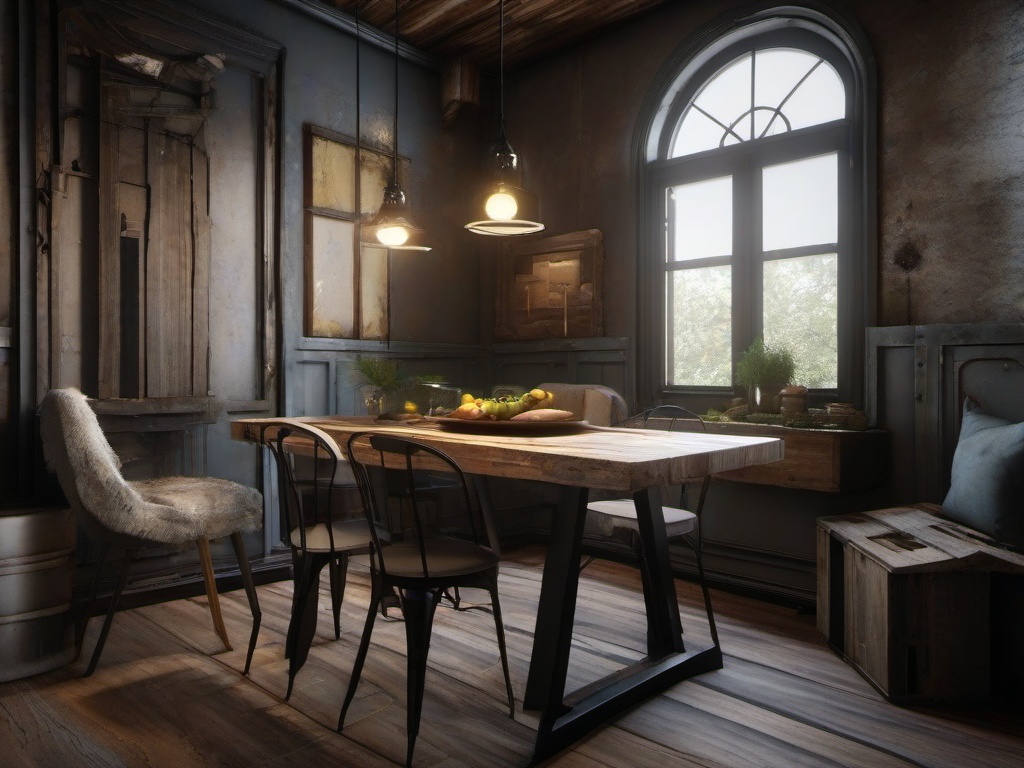 The dining nook features Post-Apocalyptic interior design with a sturdy table, mismatched chairs, and raw decor that create an intimate and character-filled space for meals.  