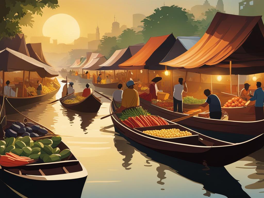 floating market - illustrate a bustling floating market with vendors and boats filled with goods. 