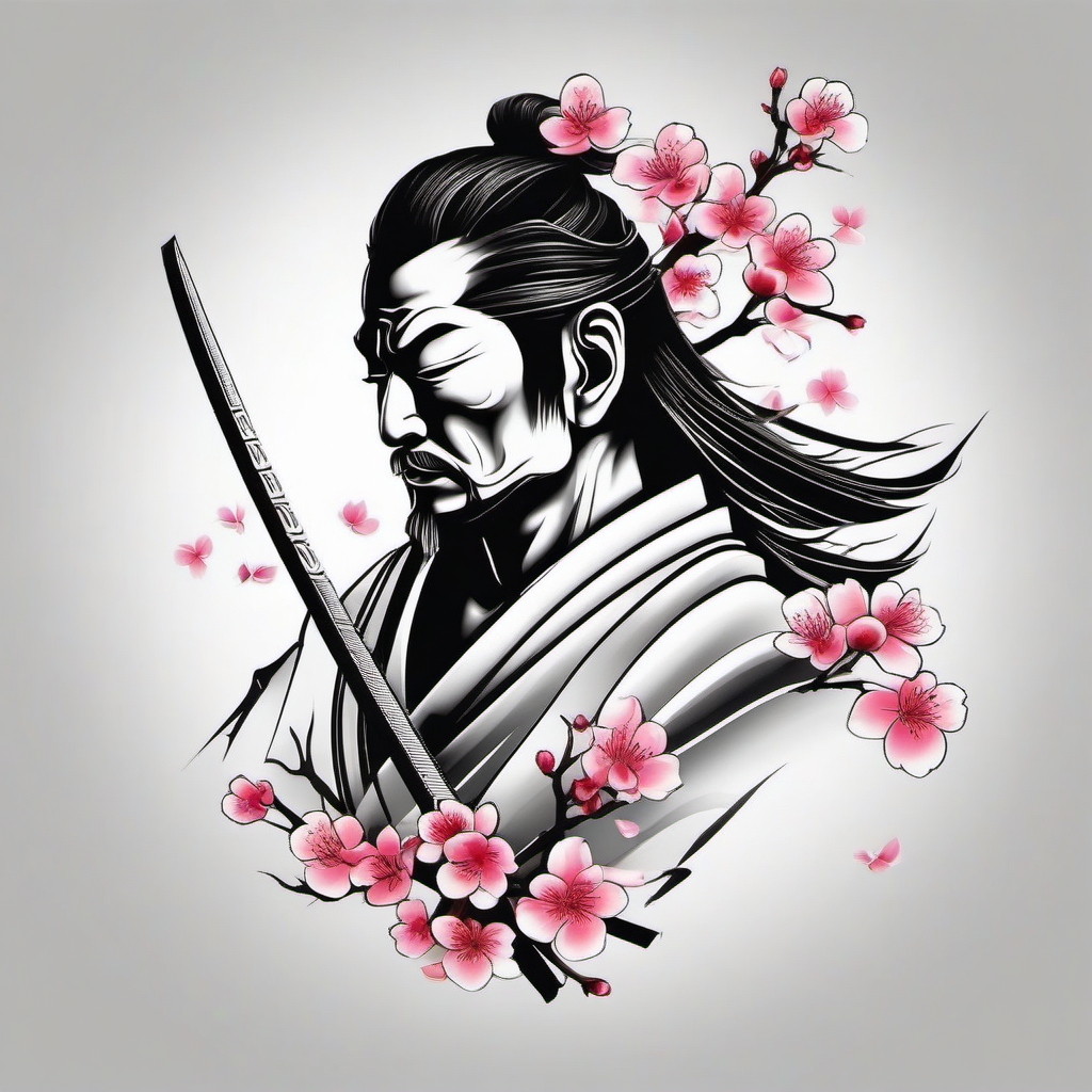 Samurai tattoo in a harmonious blend with cherry blossoms.  color tattoo,minimalist,white background