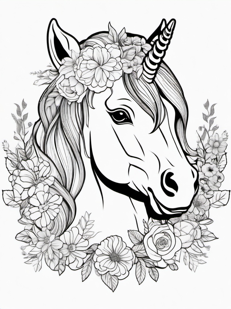 Unicorn Coloring Pages - Unicorn with a floral crown on its head  simple coloring pages