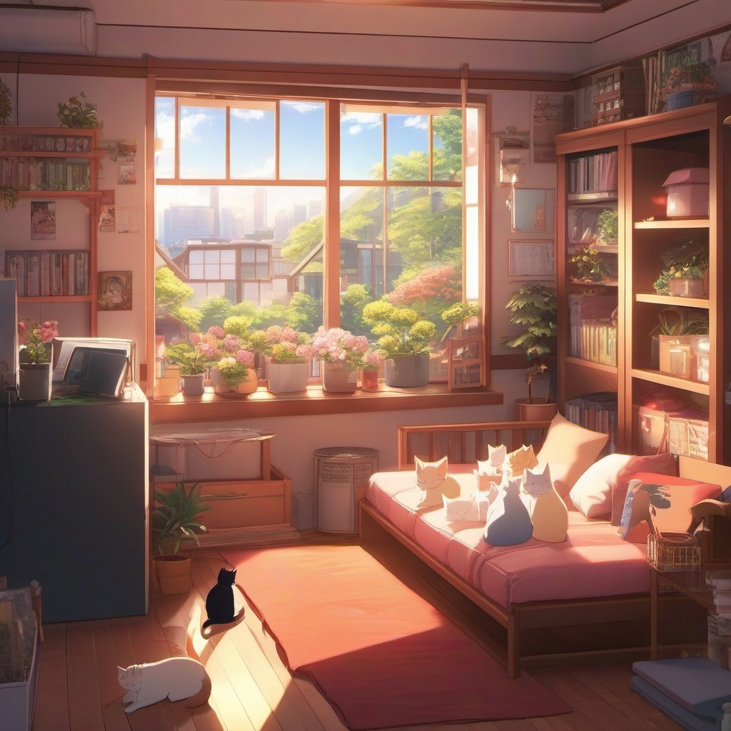 Cozy anime room filled with kittens. anime, wallpaper, background, anime key visual, japanese manga