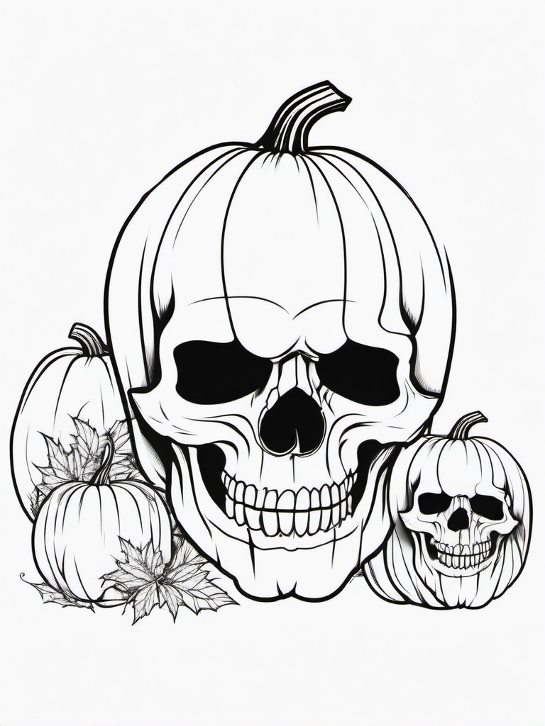 Pumpkin with Skull Coloring Pages - Skull Sitting Next to a Jack-o'-Lantern  minimal black outline printable sheet, coloring page