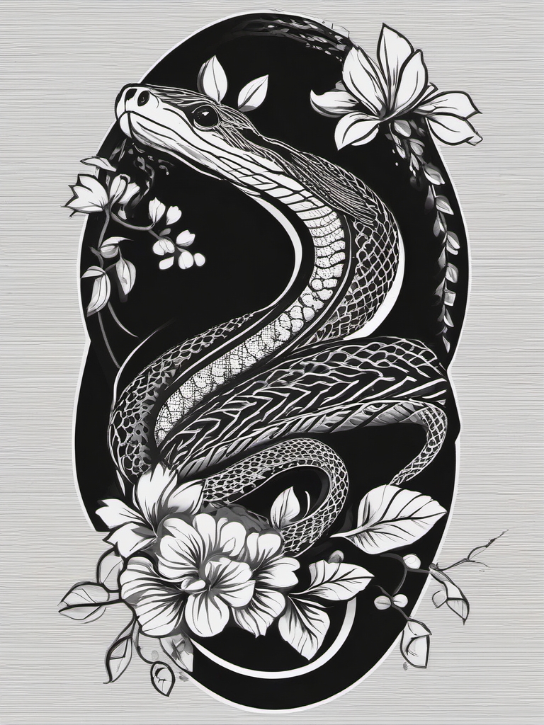 Black mamba with floral details ink. Serpent in bloom.  minimalist black white tattoo style