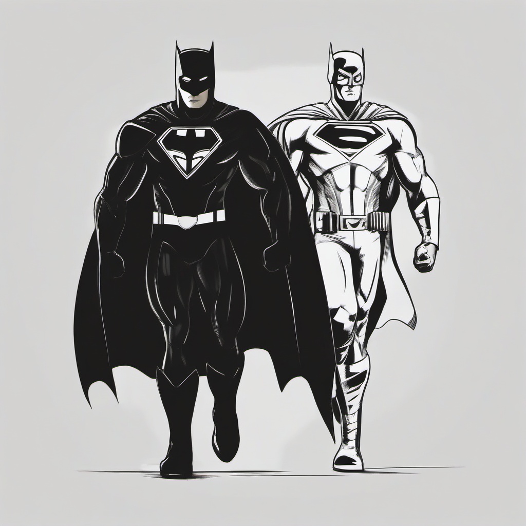 drawing of a superhero with a sidekick  minimal rough sketch scribbles,doodles,black and white