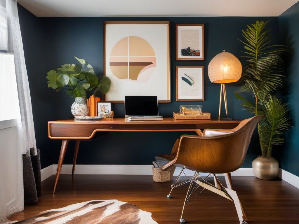 Mid-century modern home office features retro-inspired furniture, such as a stylish desk and an Eames chair, adding a nostalgic touch to the space.  