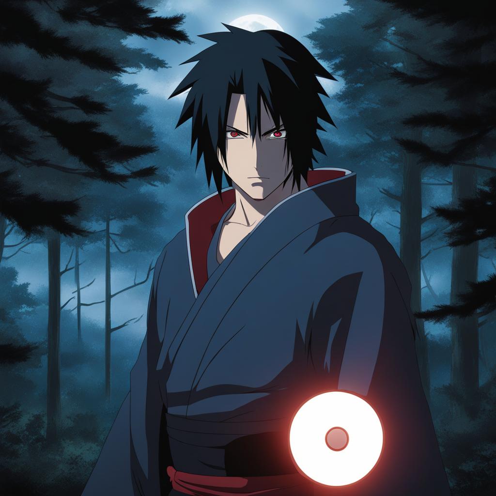 sasuke uchiha activates his sharingan, preparing for a confrontation in a moonlit forest. 