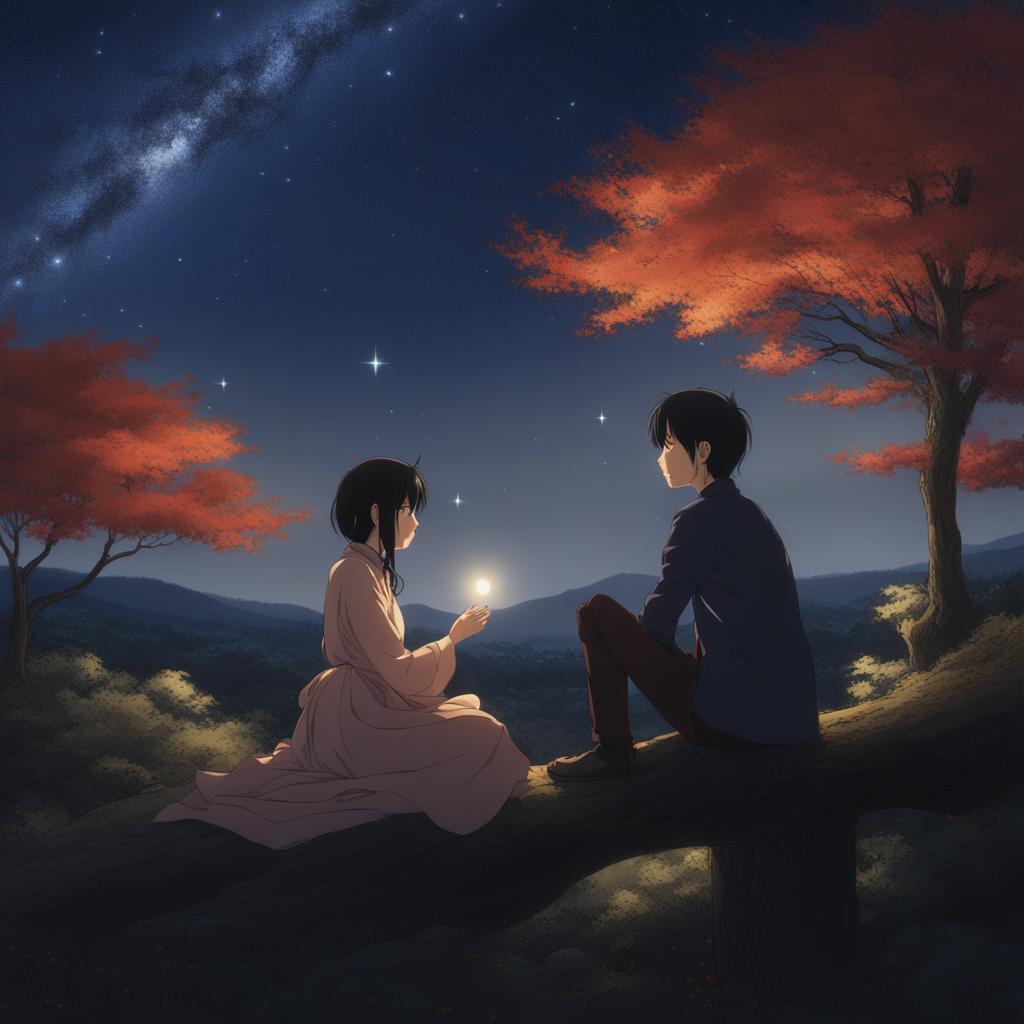 koyomi araragi engages in a conversation with a supernatural being beneath a starry night. 