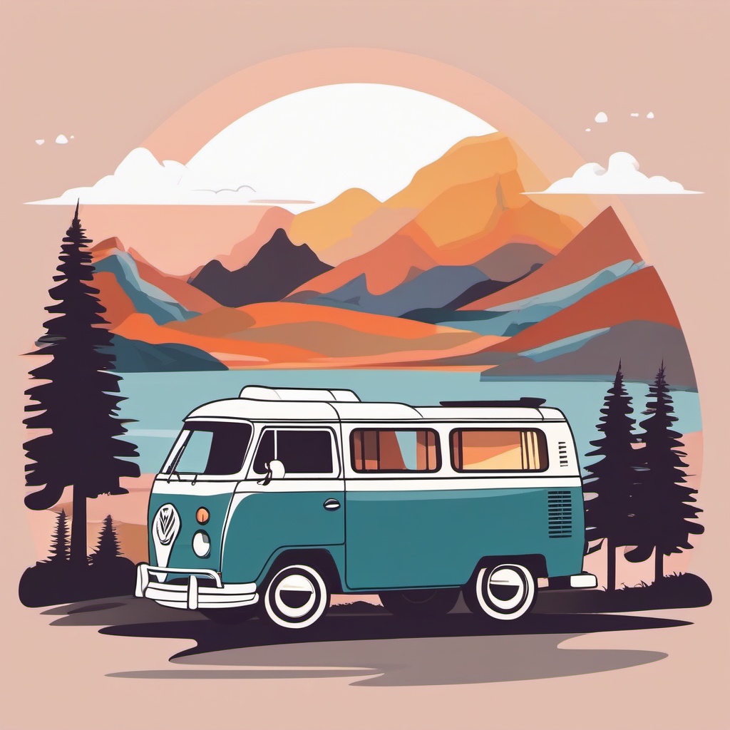 Camper Van Clipart - A cozy camper van parked in a picturesque location.  transport, color vector clipart, minimal style