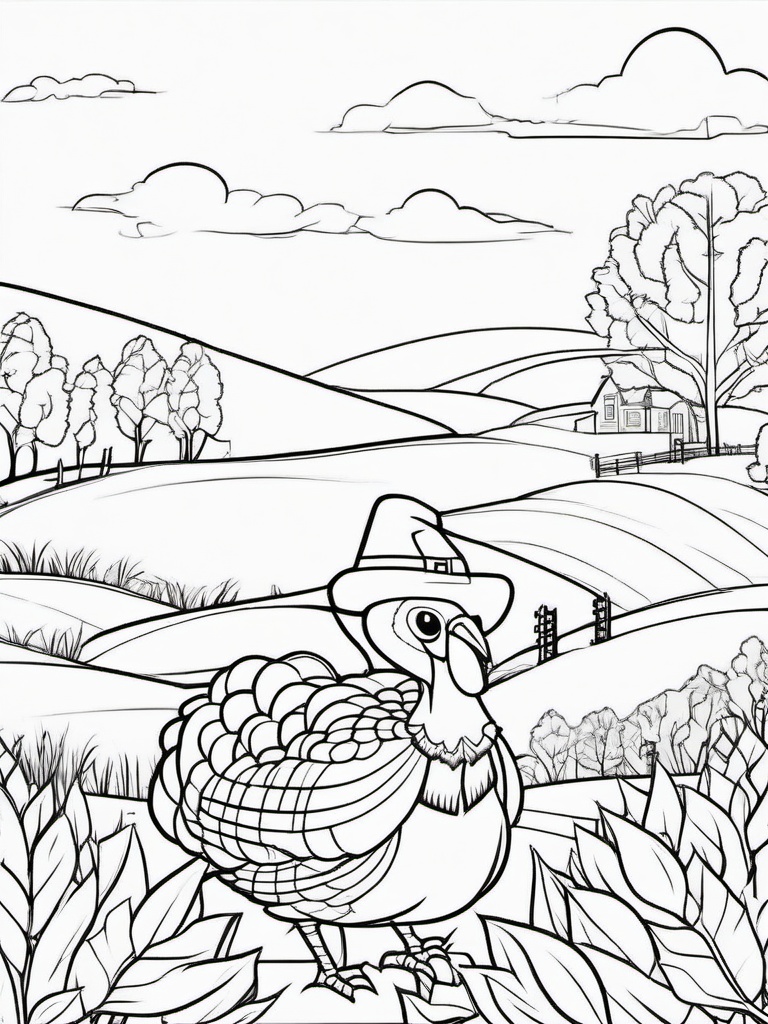 Turkey with a Scarecrow Coloring Pages - Festive Fall Scene with a Turkey  minimal black outline printable sheet, coloring page