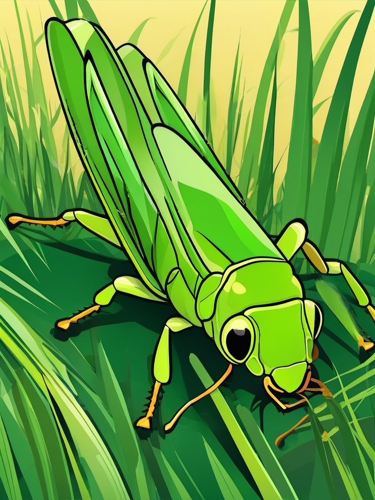 Grasshopper Close-Up Clip Art - Close-up of a green grasshopper on grass,  color vector clipart, minimal style