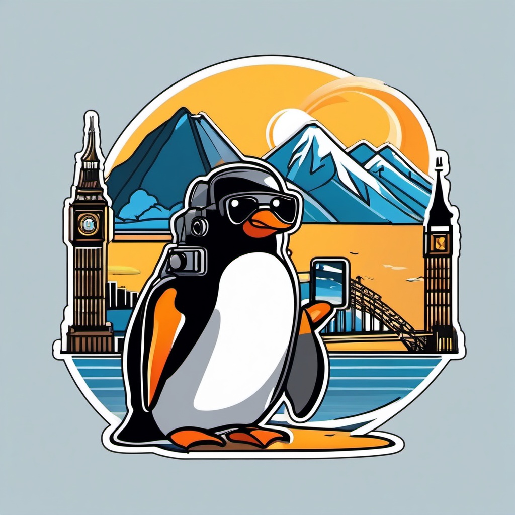 Penguin Tourist Sticker - A penguin tourist with a camera exploring famous landmarks. ,vector color sticker art,minimal