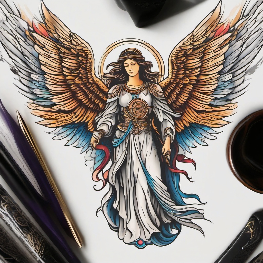 Arch Angel Tattoo-Celebrating the celestial hierarchy with an archangel tattoo, symbolizing protection, guidance, and a connection to the divine realms.  simple vector color tattoo