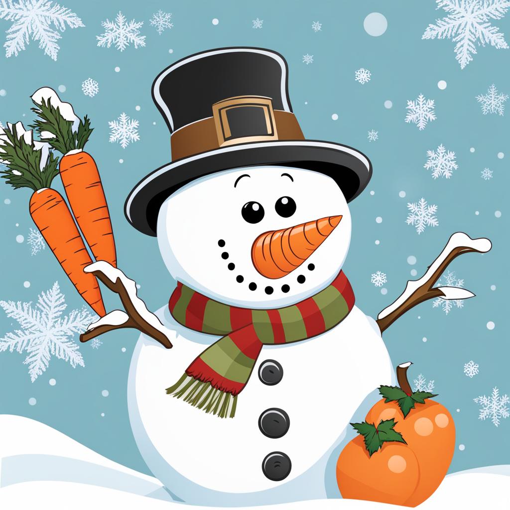 snowman clipart - a jolly and snow-covered snowman with a carrot nose. 