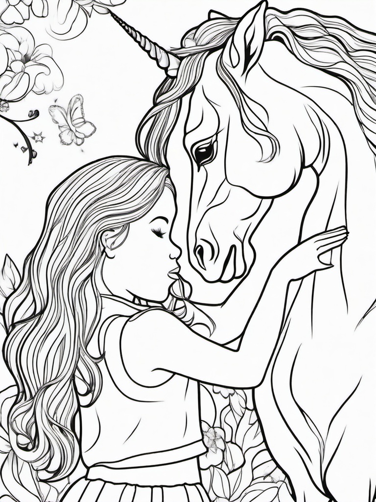 Unicorn Coloring Pages - Unicorn sharing a moment with a young girl  simple coloring pages