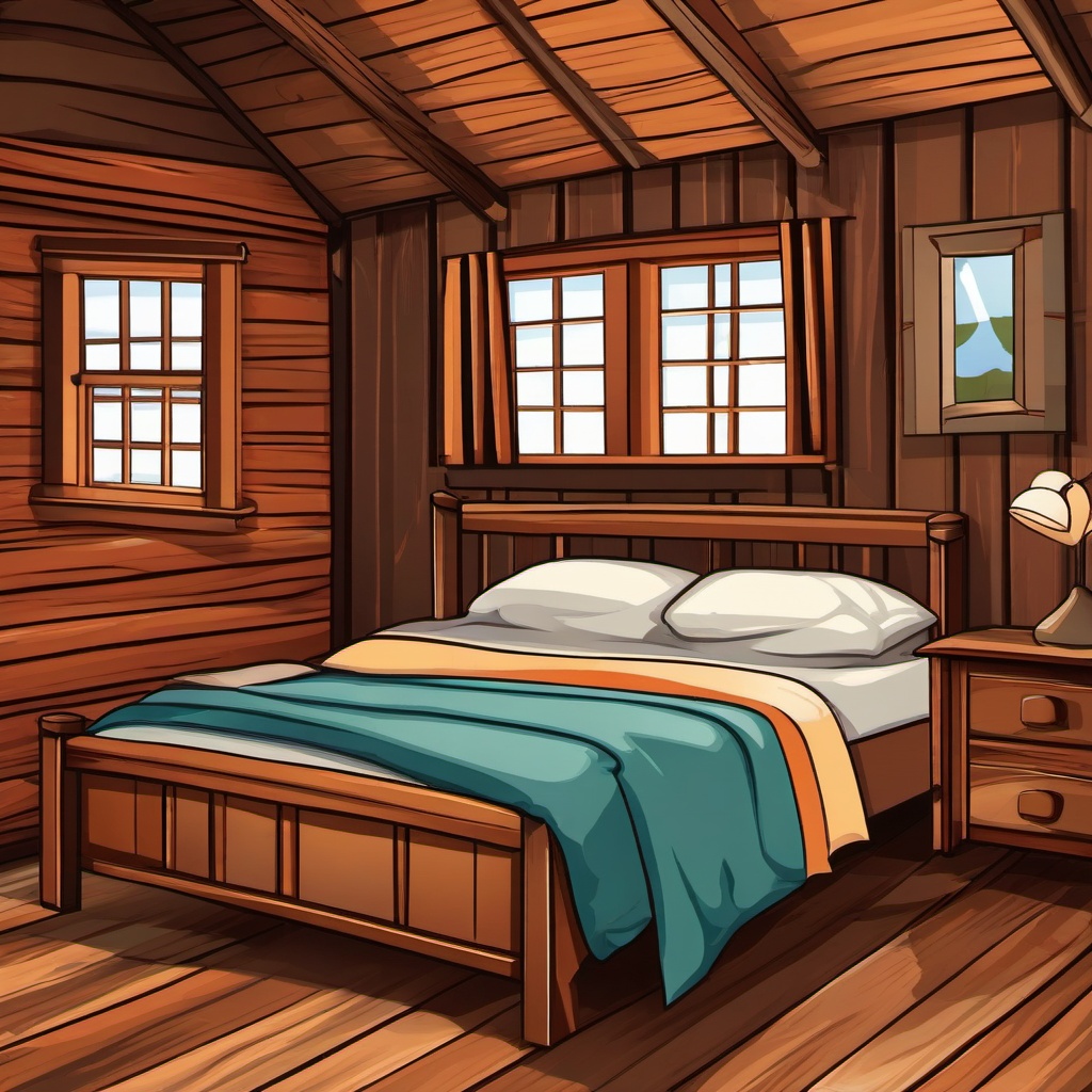 Bed clipart - bed in a cozy cabin setting  