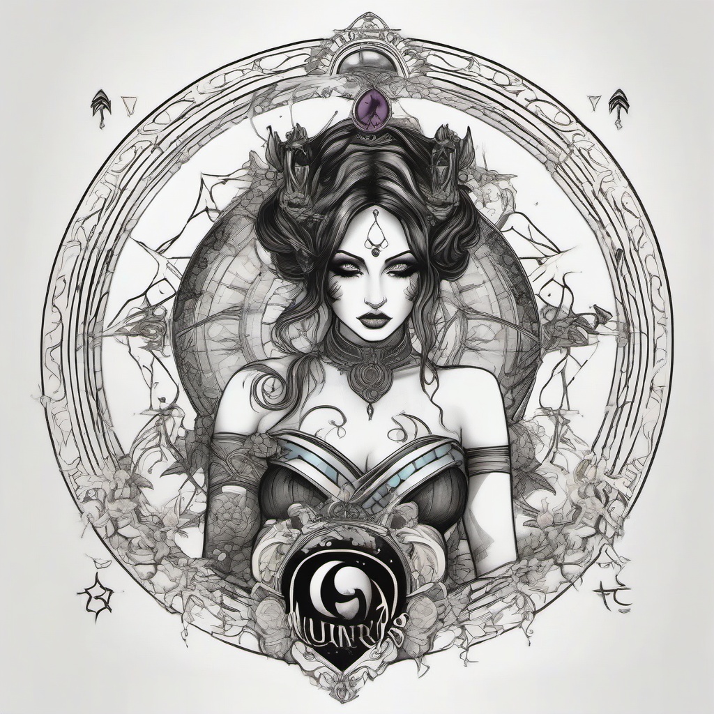 Dark gothic goddess like Zodiac signs Aquarius, cancer, Virgo, Pisces combined   ,tattoo design, white background