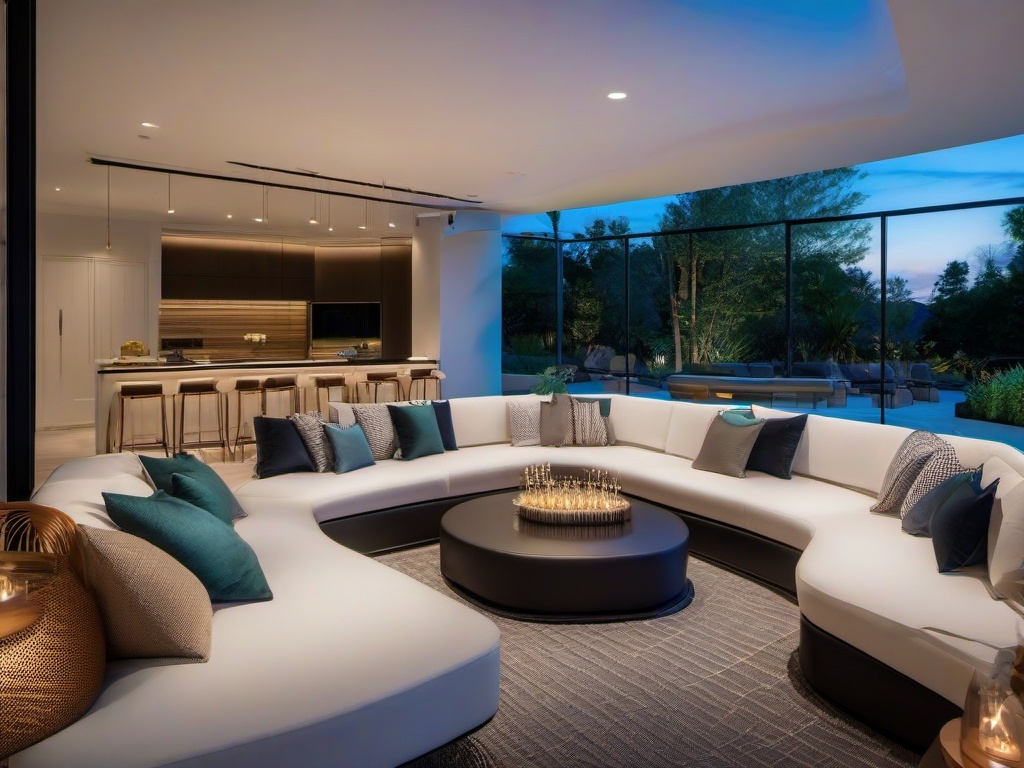 The terrace embraces High Tech interior design with comfortable seating, integrated technology, and modern decor, providing a captivating space for gatherings and relaxation.  