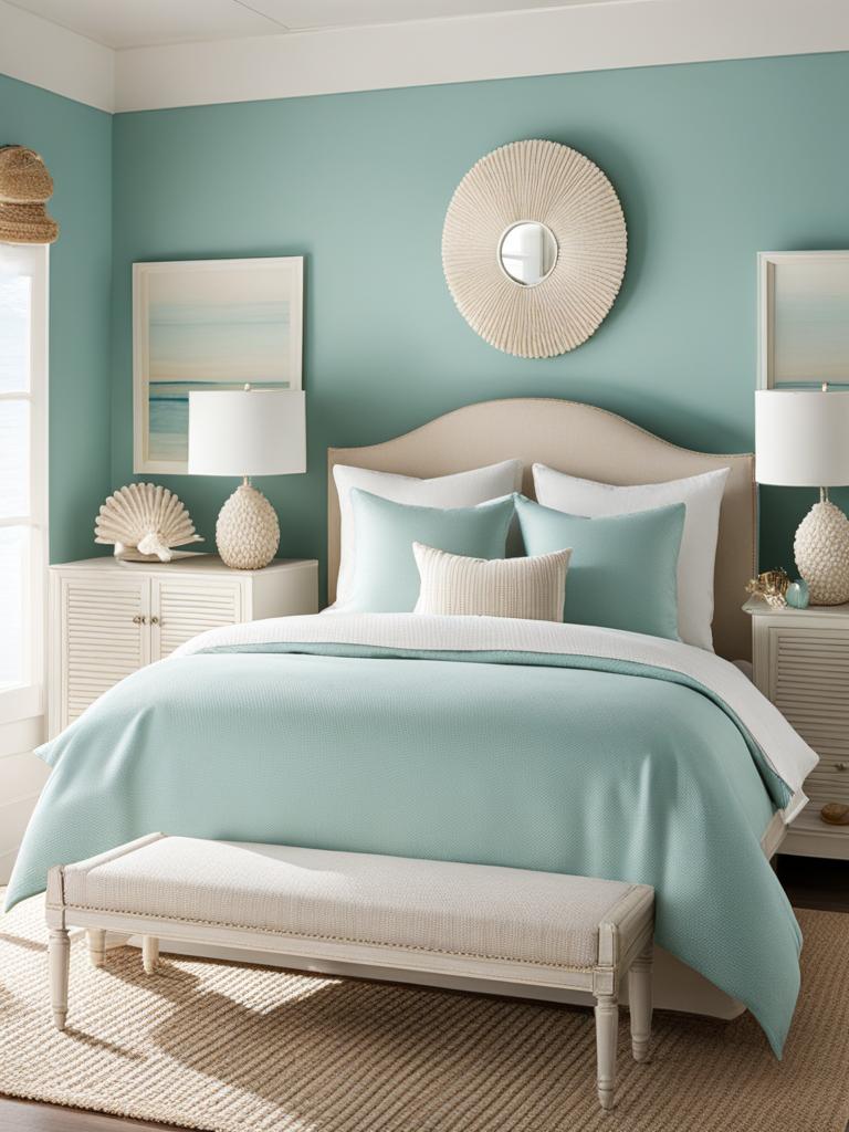 coastal-inspired bedroom with a beachy color palette and seashell decor. 