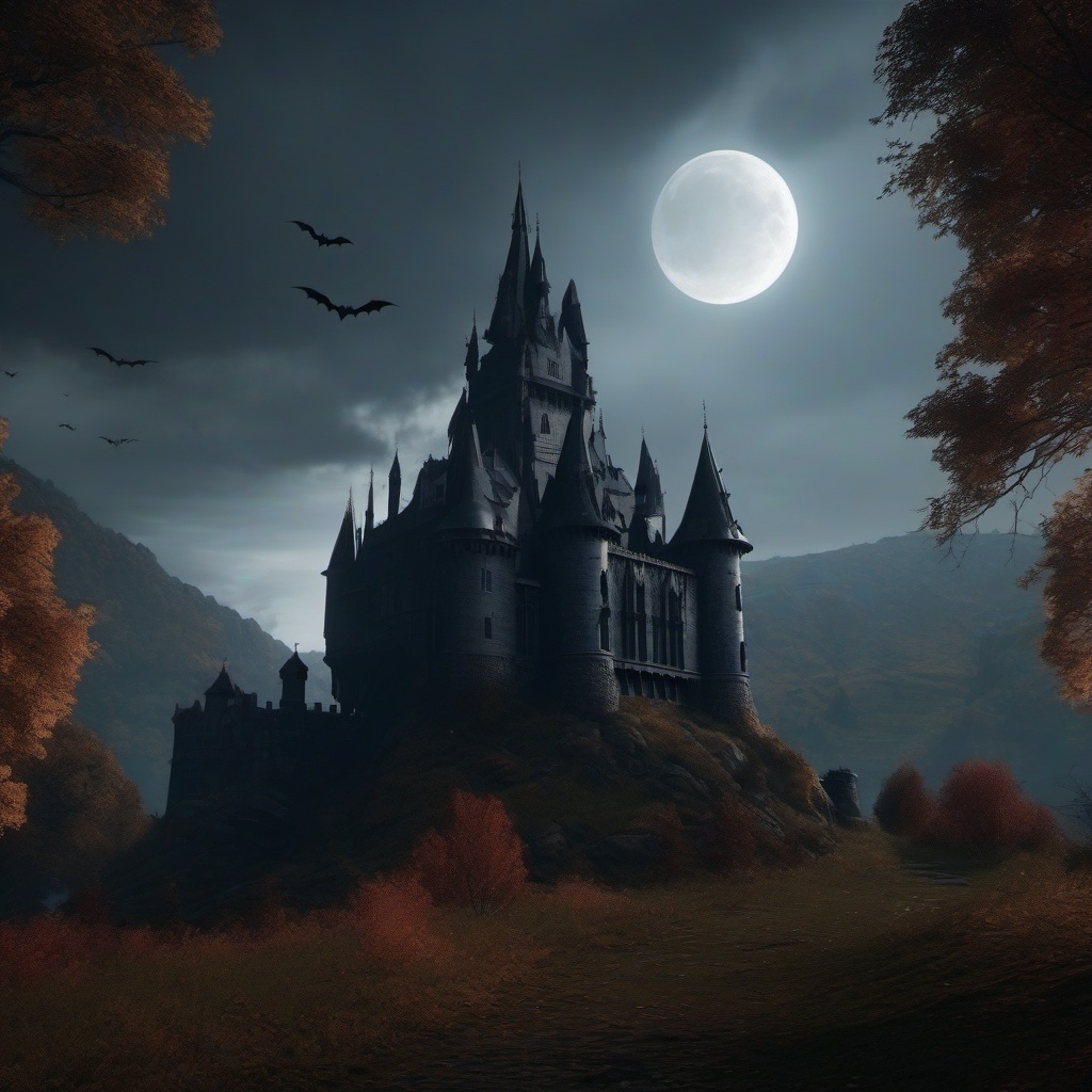 Gothic Castle Landscape - A gothic castle landscape with a haunted atmosphere and bats  8k, hyper realistic, cinematic