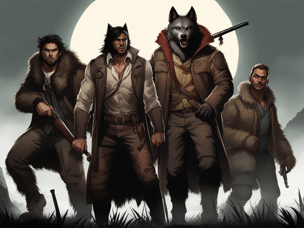 werewolf hunting party - illustrate a group of characters embarking on a mission to hunt down a menacing werewolf. 