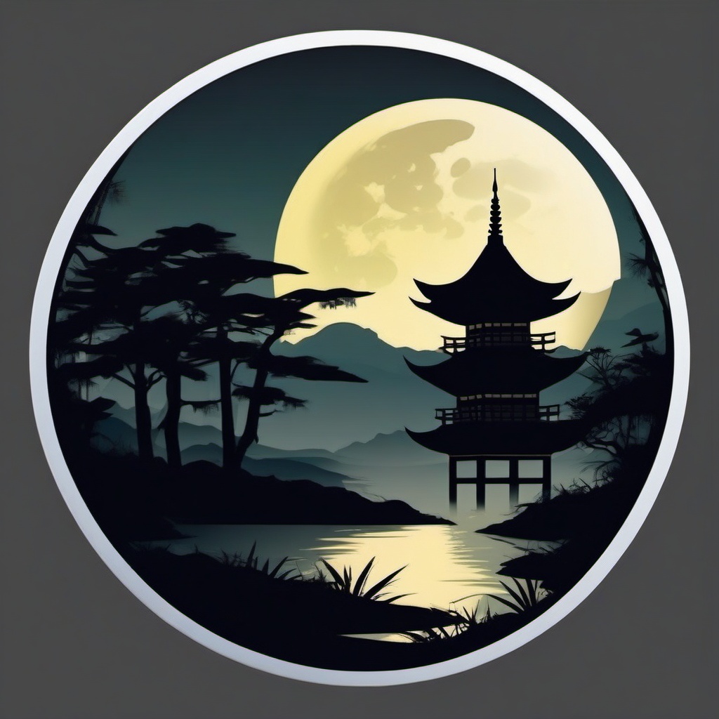 Moonlit pagoda sticker- Asian tranquility, , sticker vector art, minimalist design