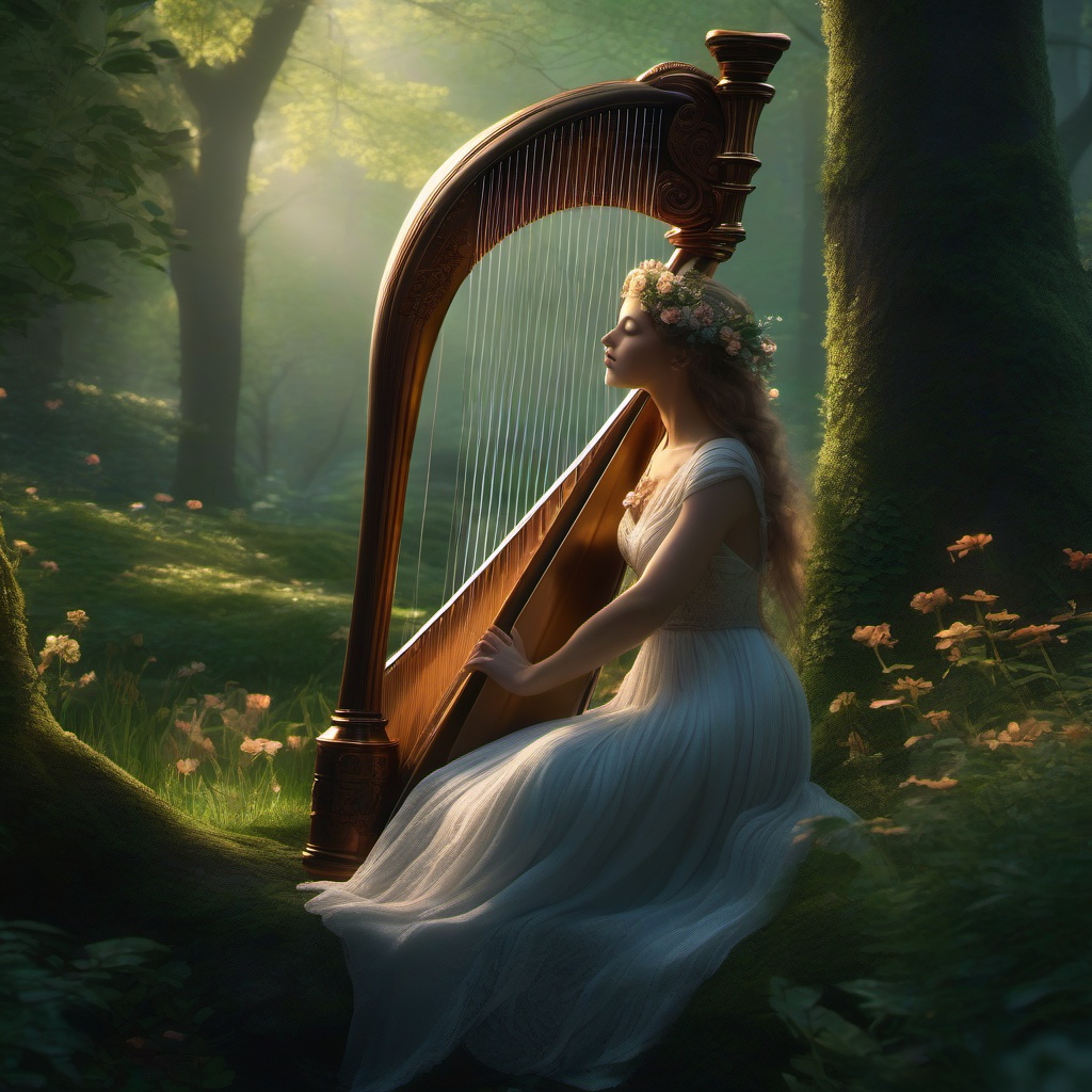 In a hidden glade, nymph weaves enchanting melodies on a magical harp, creating an eternal spring.  8k, hyper realistic, cinematic