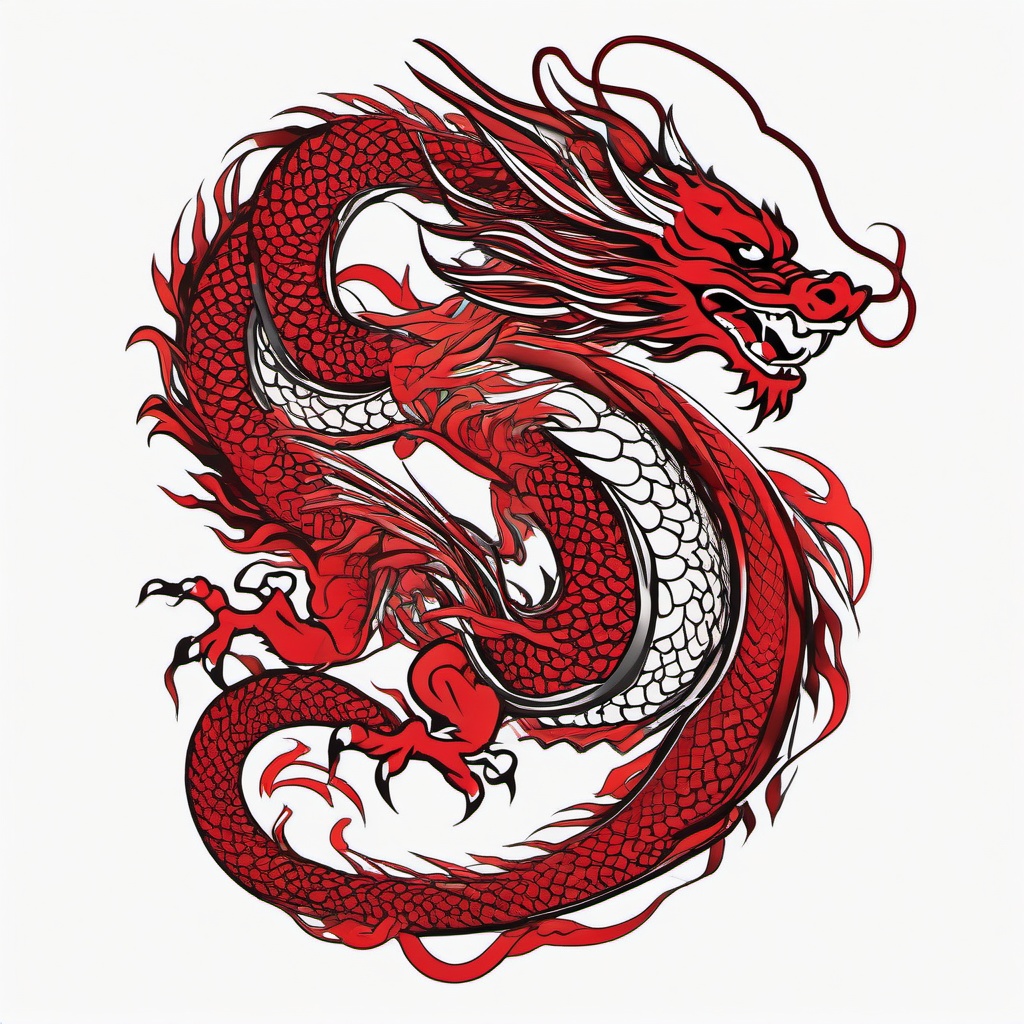 Chinese Dragon Red Tattoo - Red-themed Chinese dragon tattoo for a vibrant look.  simple color tattoo,minimalist,white background