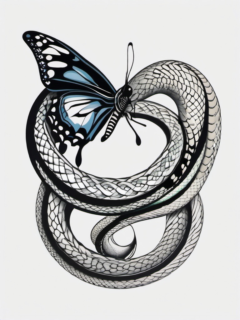 butterfly with snake tattoo  simple color tattoo, minimal, white background