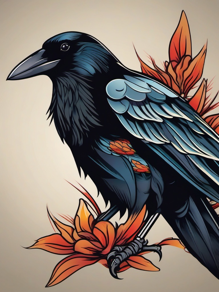 neo trad crow  simple vector color tattoo