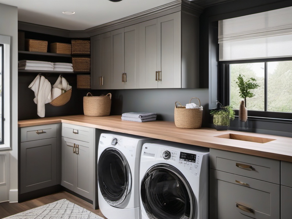 Contemporary laundry room showcases stylish appliances, ample natural light, and modern decor elements, creating an inviting and efficient workspace.  