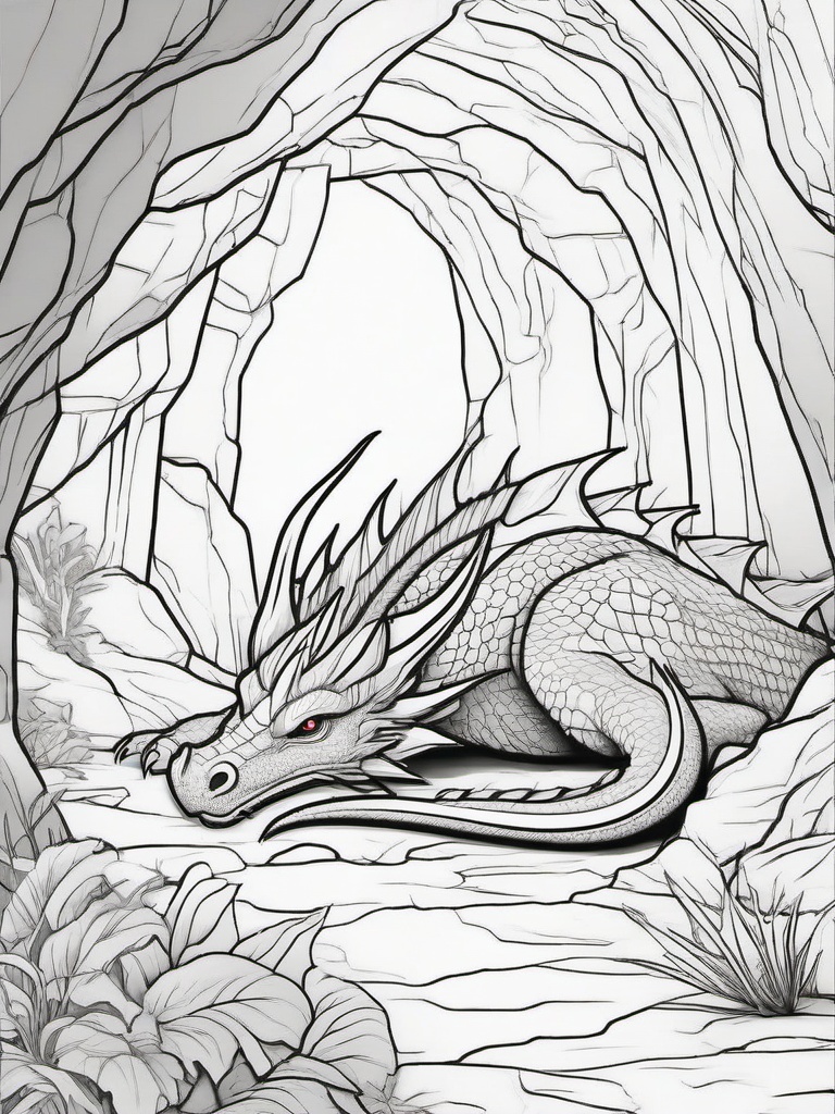 Dragon in a Cave Coloring Pages - Mysterious Dragon Resting in Its Lair  minimal black outline printable sheet, coloring page