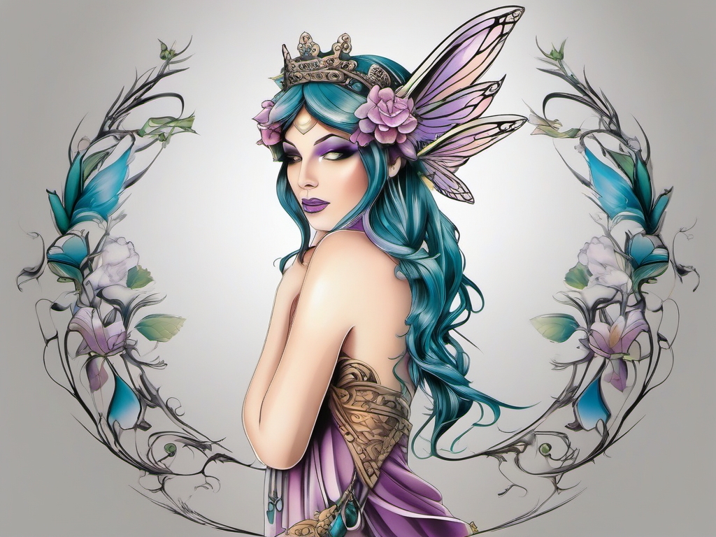 fairy queen tattoo  simple color tattoo style,white background