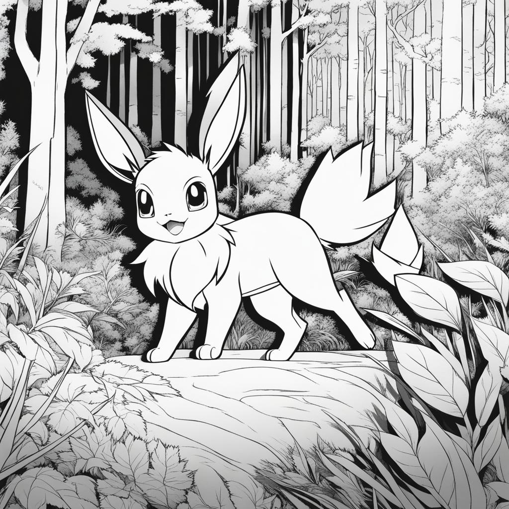 pokemon coloring pages - eevee and its evolutions frolic in a sunlit forest. 