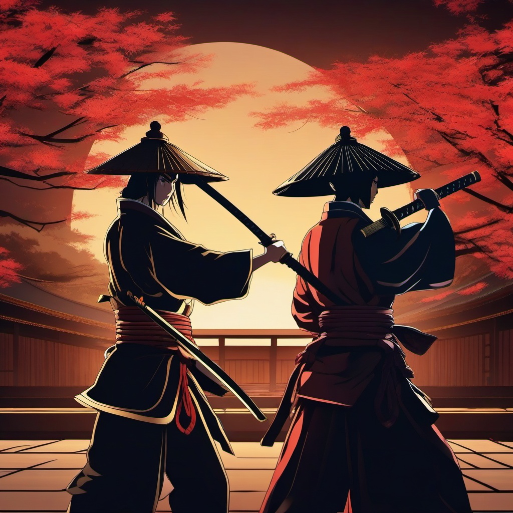 Feudal Japan dojo with skilled samurai dueling. anime, wallpaper, background, anime key visual, japanese manga