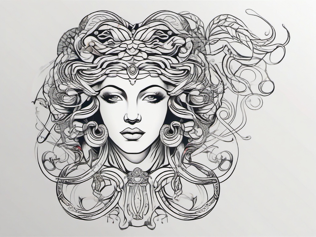 Fine Line Medusa Tattoo - Opt for delicacy and precision with a fine line Medusa tattoo, featuring intricate details and elegant linework.  simple vector color tattoo,minimal,white background