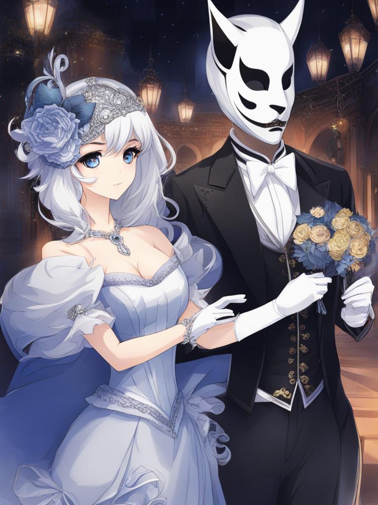 ghostly masquerade ball - sketch a masquerade ball where anime characters wear ghostly masks and elegant costumes. 