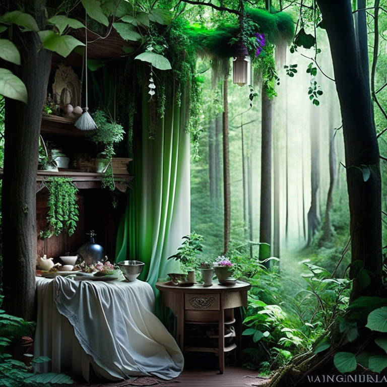 forest nymph's kitchen with ethereal drapes and woodland decor. 