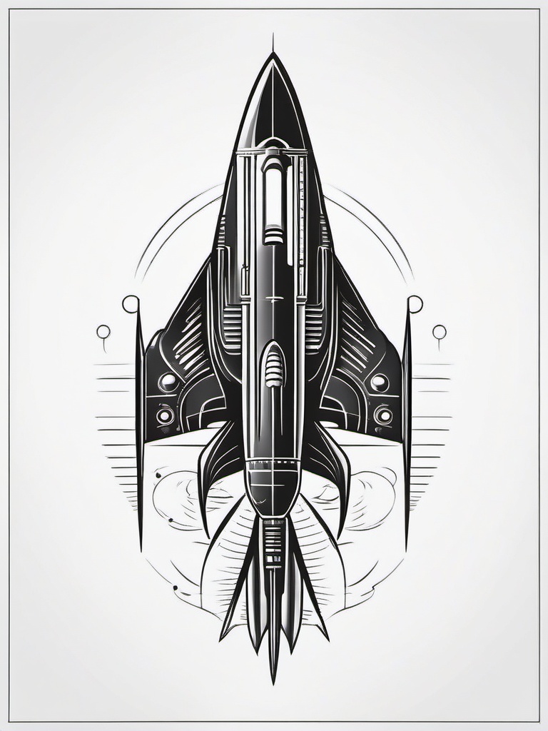 Spaceship Tattoo - A sleek spaceship tattoo embarking on a journey  few color tattoo design, simple line art, design clean white background