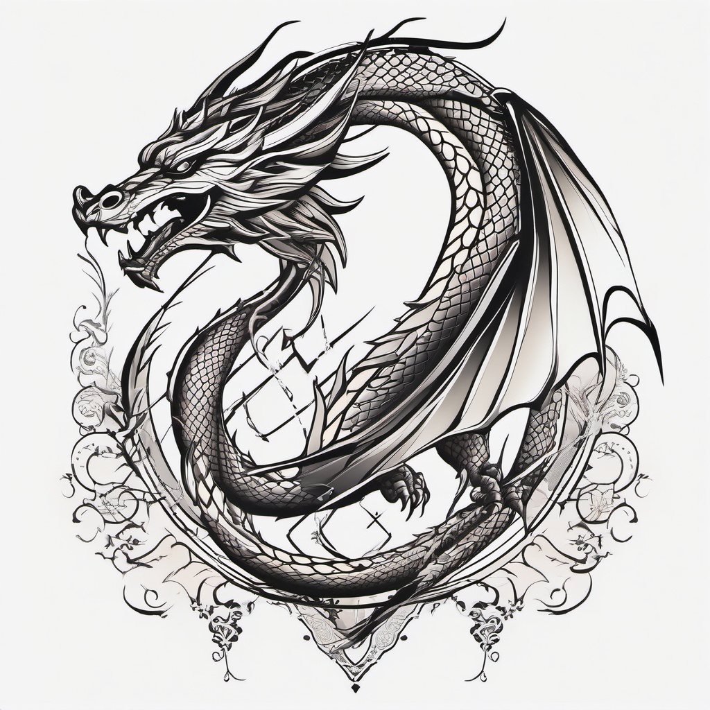 Dragon With Wings Tattoo - Tattoos featuring dragon motifs with a focus on winged elements.  simple color tattoo,minimalist,white background