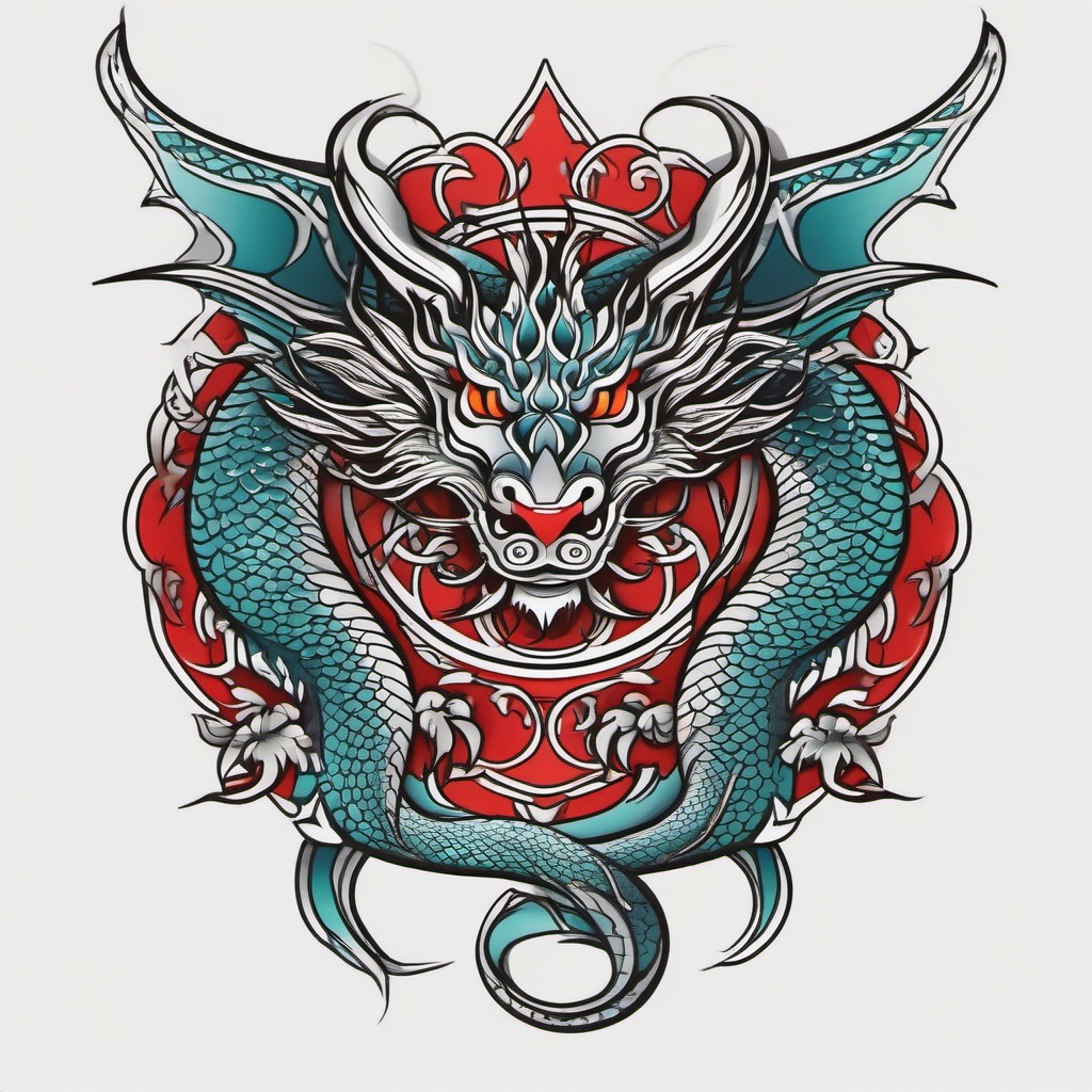 Dragon Trad Tattoo - Traditional-style dragon tattoo with cultural influences.  simple color tattoo,minimalist,white background