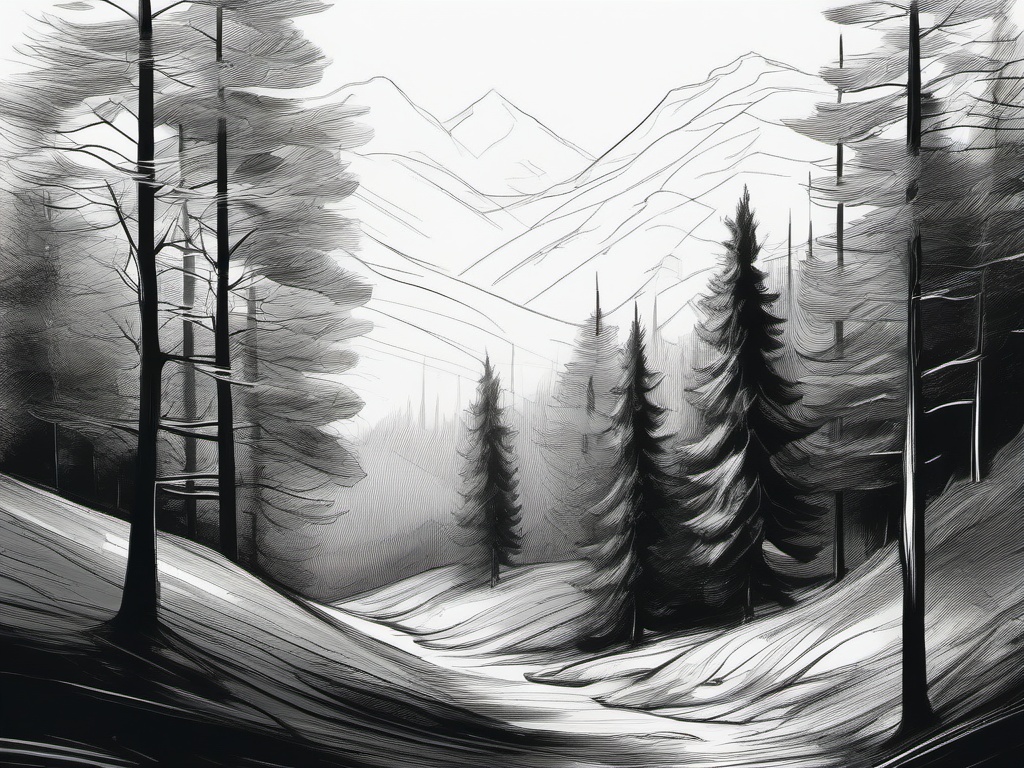 drawing of a forest landscape  minimal rough sketch scribbles,doodles,black and white