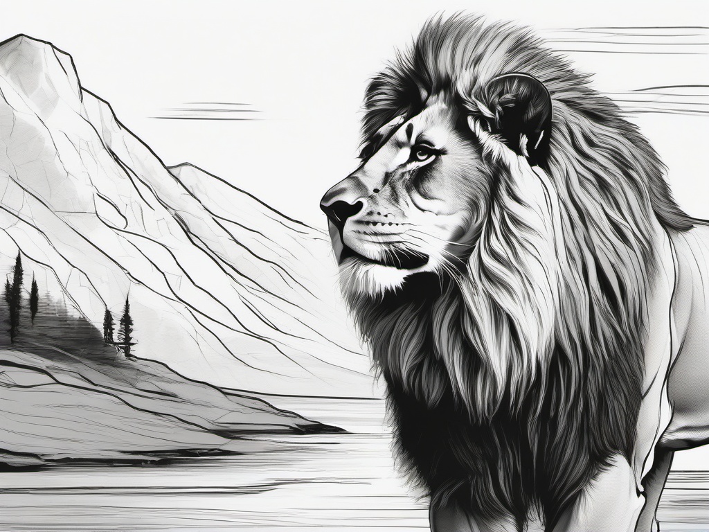 drawing of a lion in hot springs  minimal rough sketch scribbles,doodles,black and white