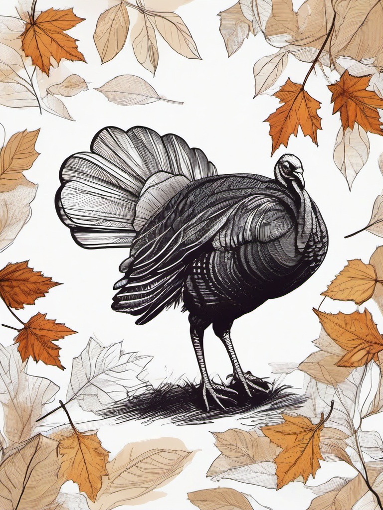 drawing of a turkey with autumn leaves  minimal rough sketch scribbles,doodles,black and white