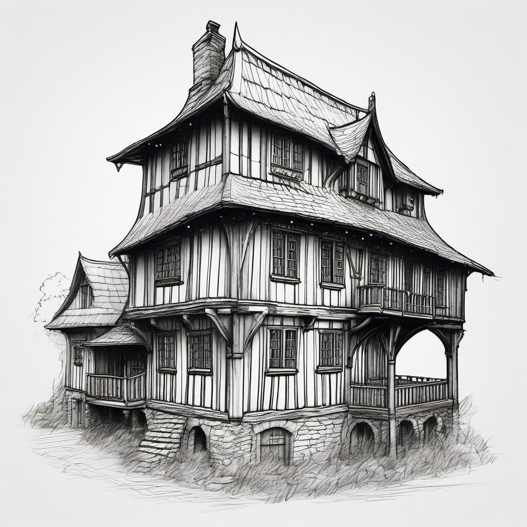 drawing of a medieval house  minimal rough sketch scribbles,doodles,black and white